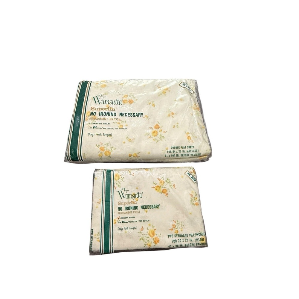 Vintage Wamsutta Superlin Double Flat‎ Sheet 2 Pillowcases Yellow Floral Muslin
